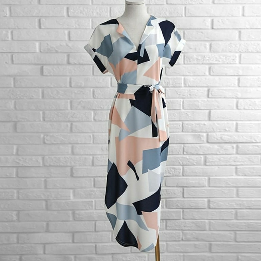 Womens Geo Print Midi Waist Tie Dress NEW - Picture 2 of 7